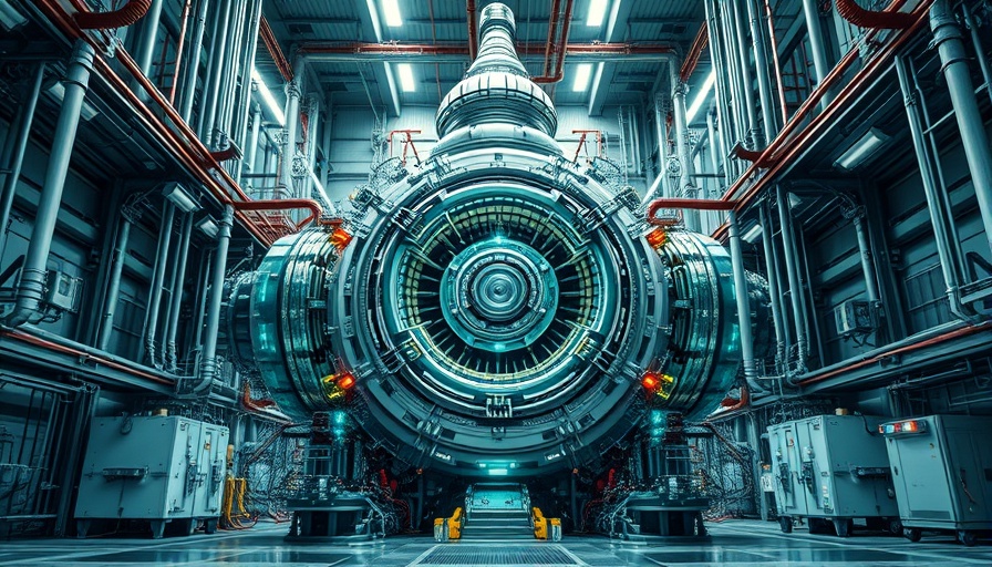 Futuristic fusion reactor in an industrial facility showcasing advanced engineering.