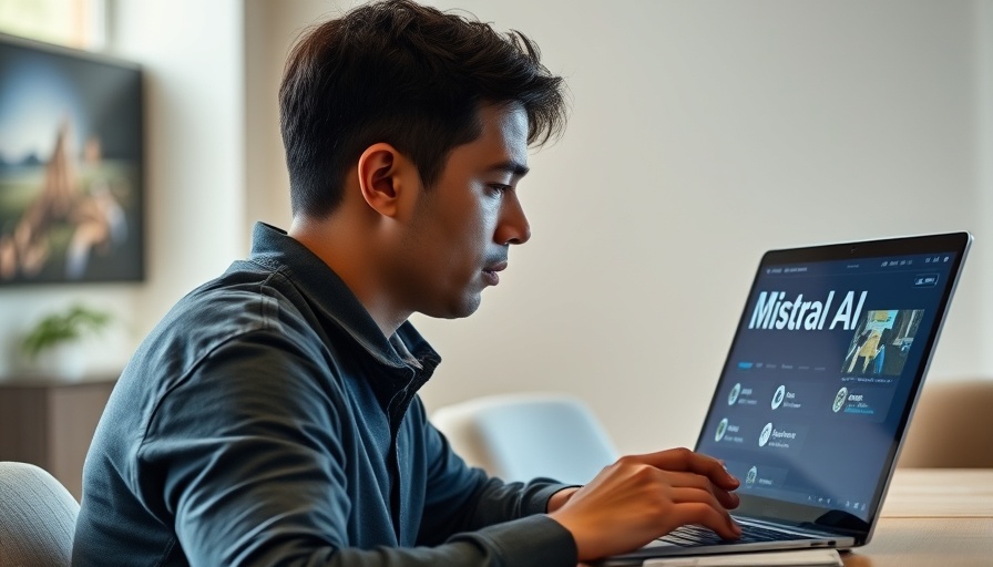 Person typing on laptop with Mistral AI logo, OpenAI competitor.