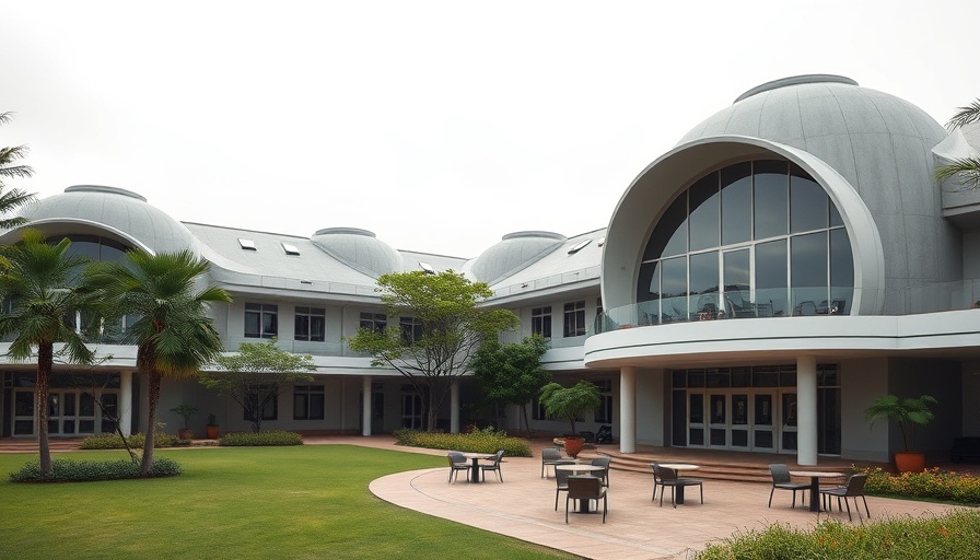 Distinctive school building with domes and patio, overcast sky.