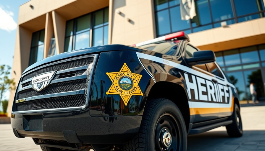 Marin County sheriff car close-up in front of modern building - local news.