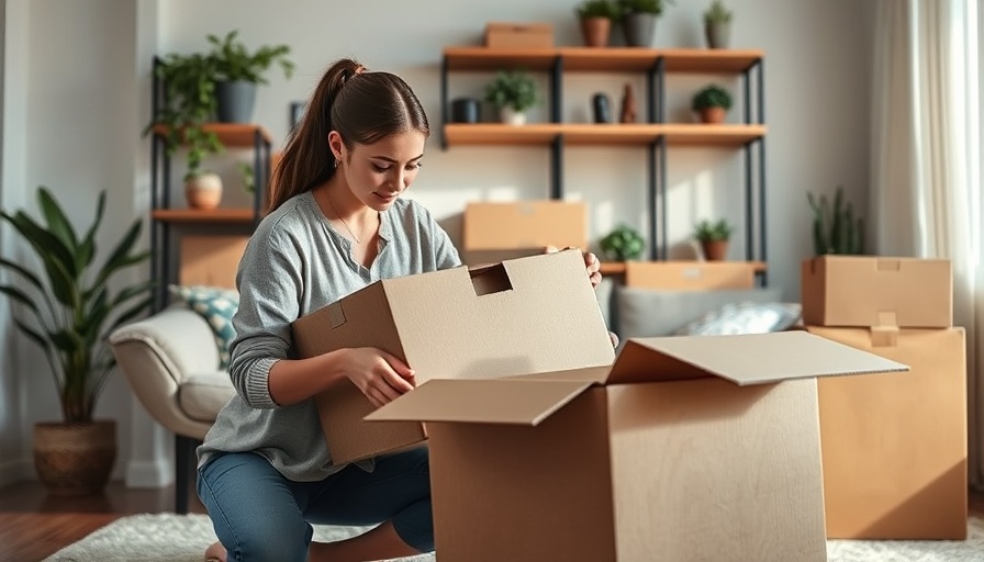 Woman organizing cheap moving boxes in a living room.