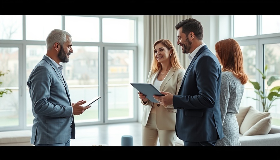 Real estate commission discussion in modern living room with agent.