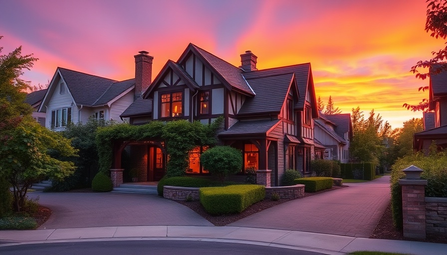 Picturesque Tudor-style house at sunset in a peaceful neighborhood
