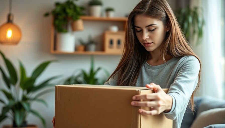 Young woman moving boxes in a living room, find cheap moving boxes near you.