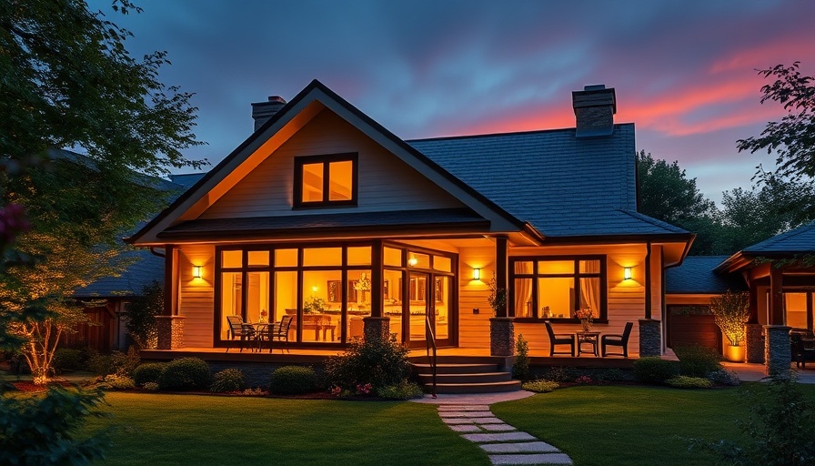 Modern house in lush garden at twilight for first-time homebuyers.