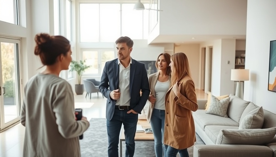 Realtor showing modern home to couple discussing real estate commission.