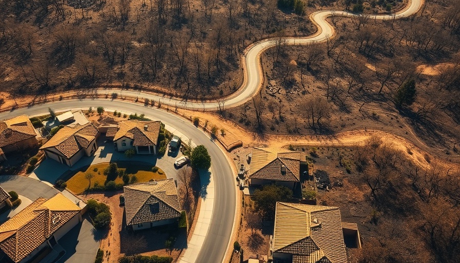 Suburban homes near a burned forest, cities vulnerable to climate disasters.