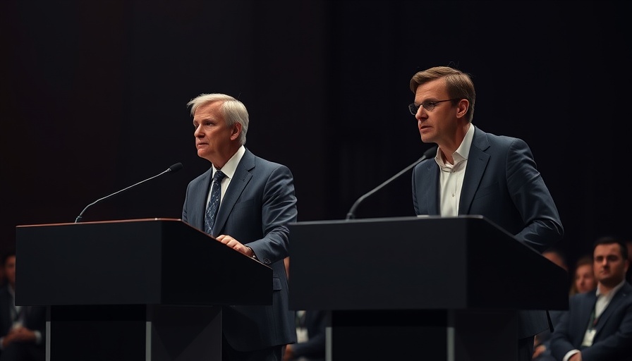 Two people at podiums during conference, attentive expressions.