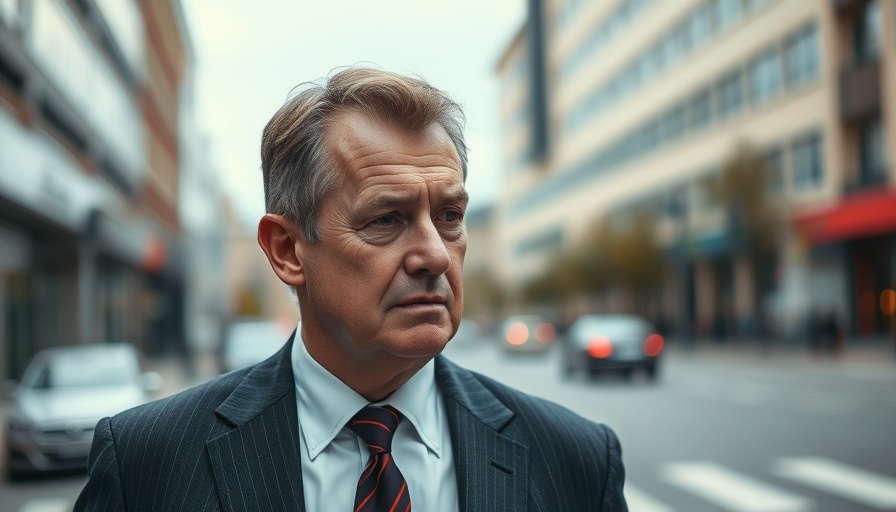 Middle-aged man in a suit outdoors, thoughtful expression.