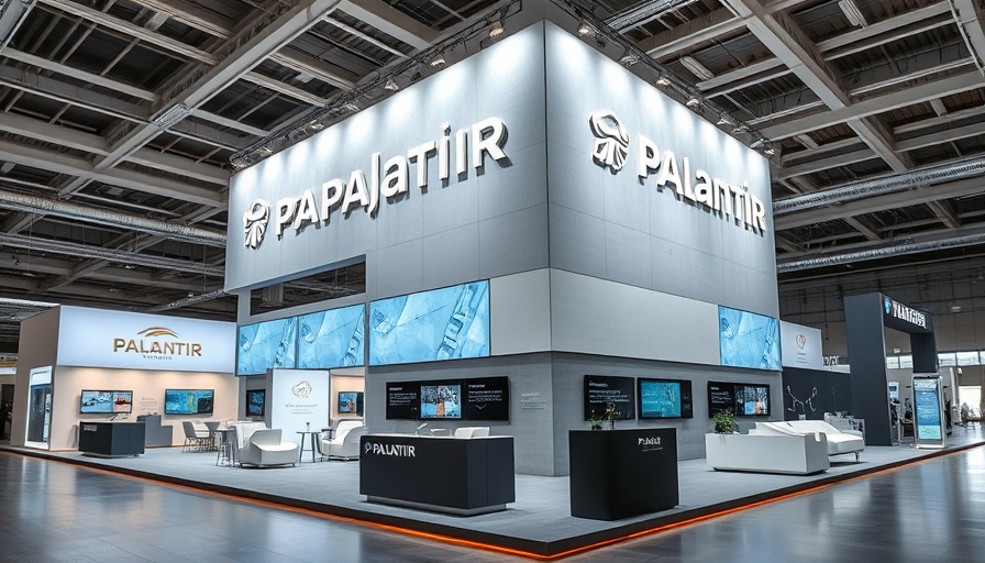 Modern exhibition booth at Palantir event, showcasing corporate branding.