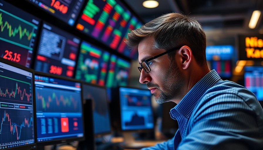 US shale production decline concept with a stock trader analyzing market data on computer screens.