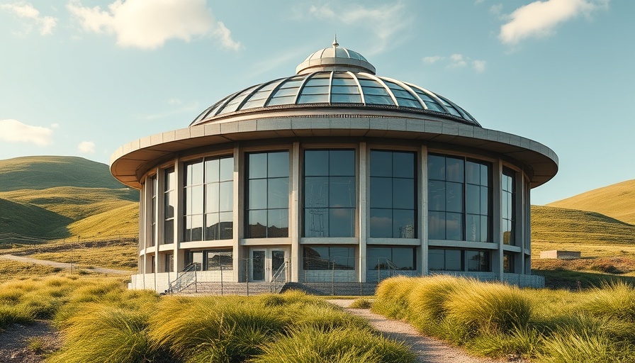 Futuristic building in Marin City, partly cloudy day.