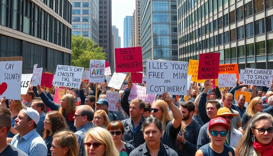 Protesters demonstrating in urban area, signs held in hands.