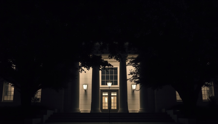 FTC building entrance at night with shadowy foliage.