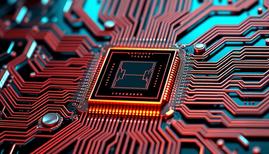 Futuristic quantum chip with intricate wiring, 3D rendering.