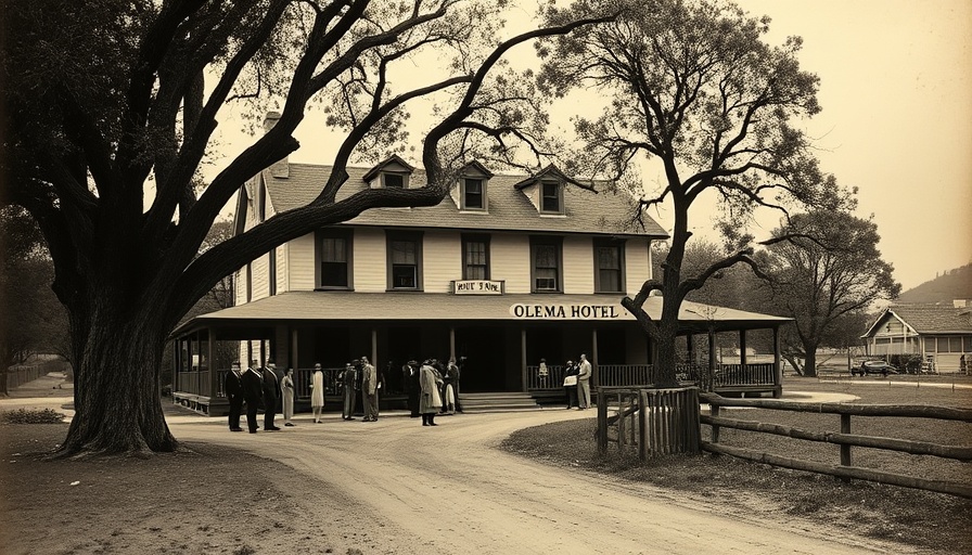 Historic Olema Hotel, early 1900s scene with people and trees.