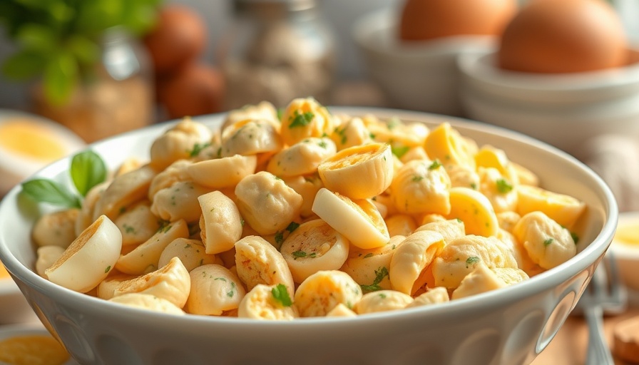 Creamy deviled egg pasta salad with deviled eggs on top.