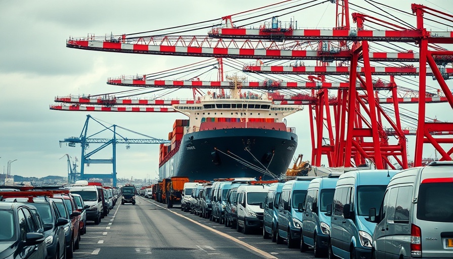 Ships and vehicles at port highlight shipping costs and tariffs in automotive industry.