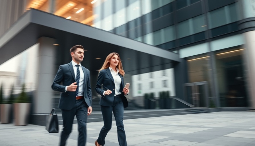 Office exterior with professionals walking, suggesting corporate environment and junior lawyer pay.