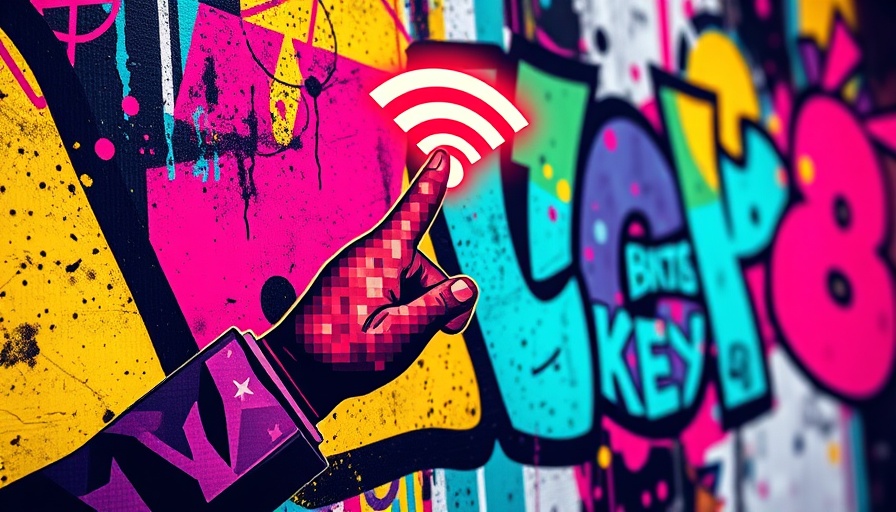 Abstract digital art depicting the future of the internet with graffiti and pixelated icons.