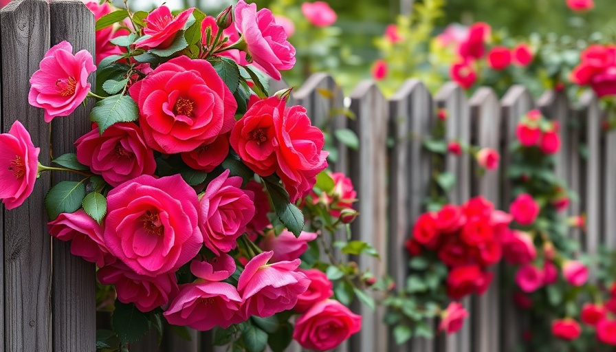 Climbing roses growing on wooden fence, vibrant garden flowers.
