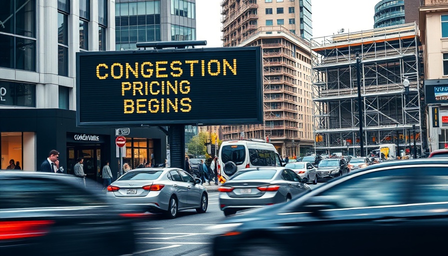 New York street with congestion pricing sign and moving traffic.