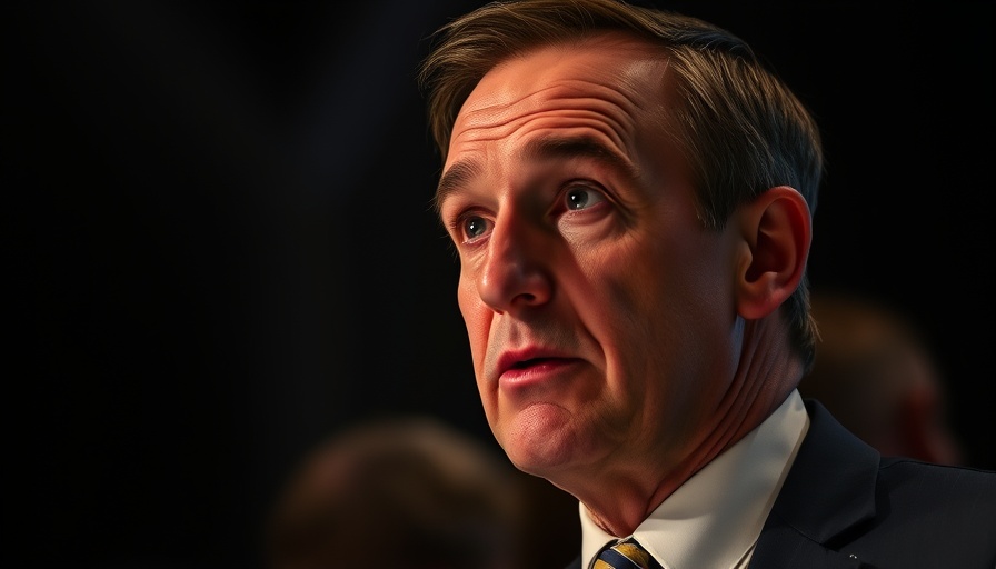 Man speaking at an event in dim lighting, focused expression.