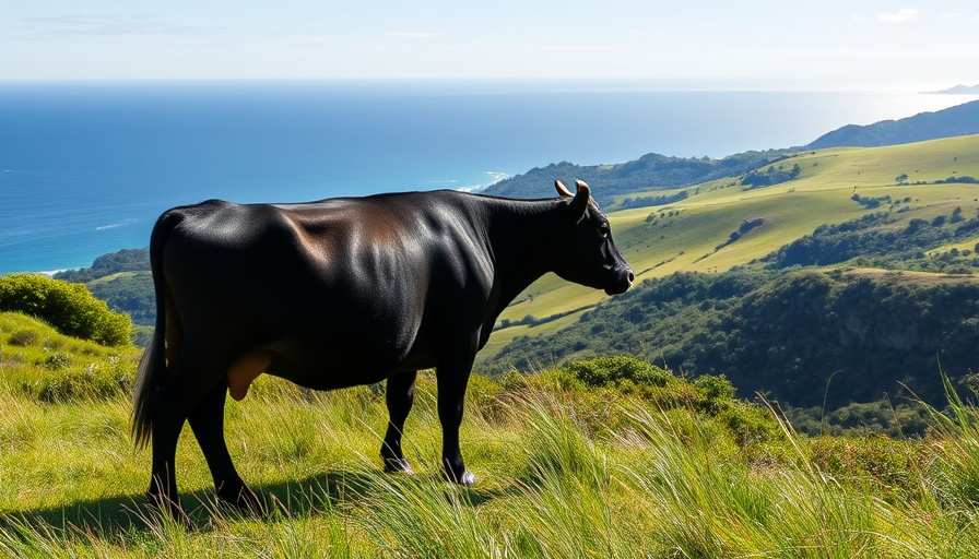 Black cow grazing in Point Reyes coastal landscape with ocean view