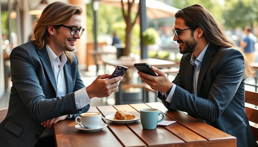 Two people using a digital business card platform at a café.