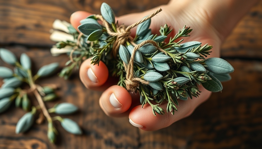 Freshly picked sage herbs tied with twine against wooden background.