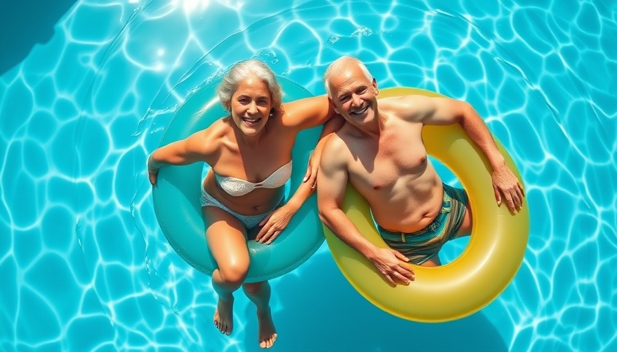 Senior couple relaxing in pool, summer home refresh.