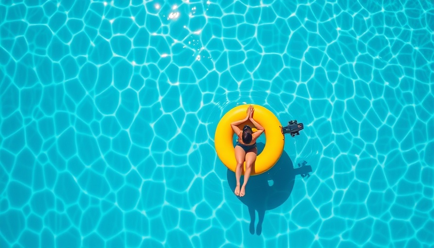 Aerial view of people floating in pool on yellow ring, summer home refresh.