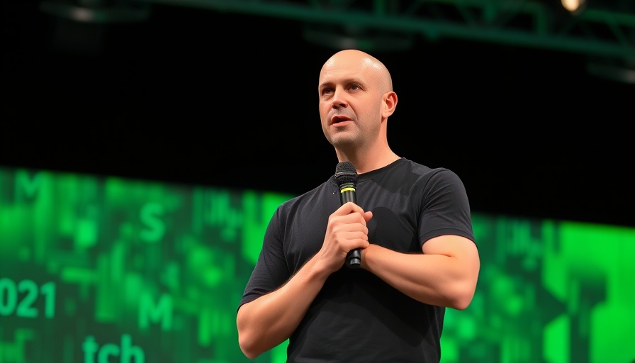 Bald man at tech conference discussing business startup funding.