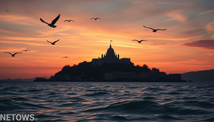 Reopen Alcatraz: Distant view of Alcatraz Island at sunset with birds in the sky.