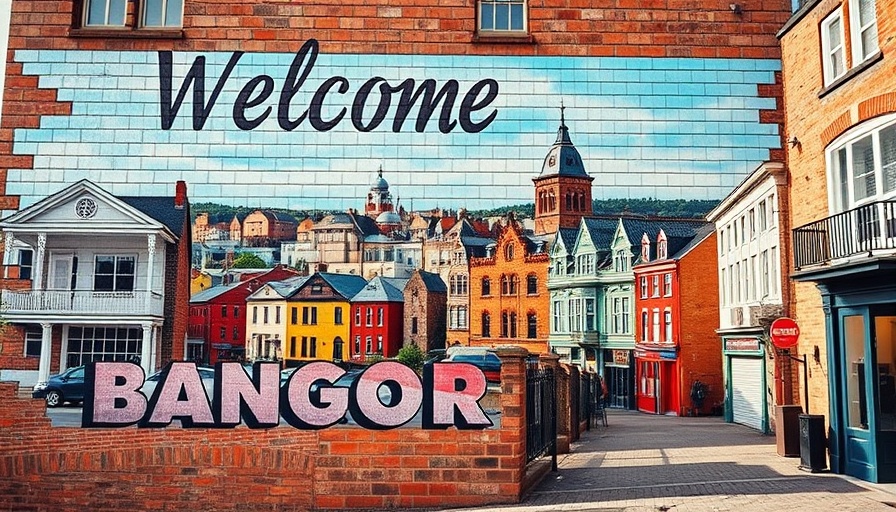 Mural of Bangor cityscape highlighting affordable places to live in Maine.