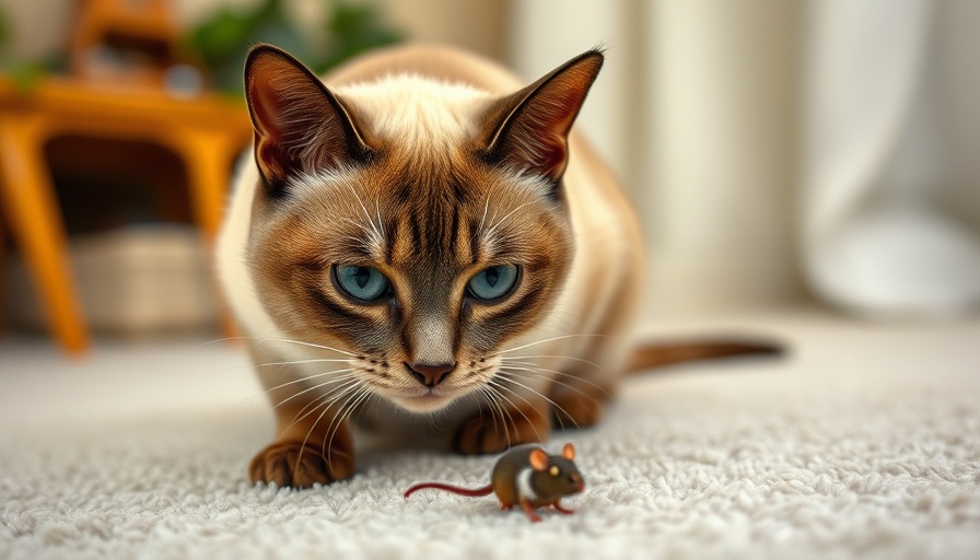 Siamese cat focused on toy mouse indoors, make your cat happy at home.
