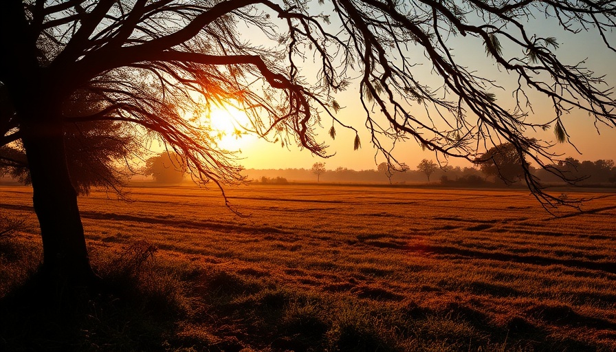 Sunset through tree branches in Plano, Texas landscape