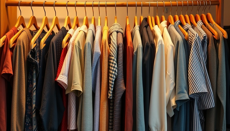 Organized clothes on hangers in a wardrobe, warm lighting.