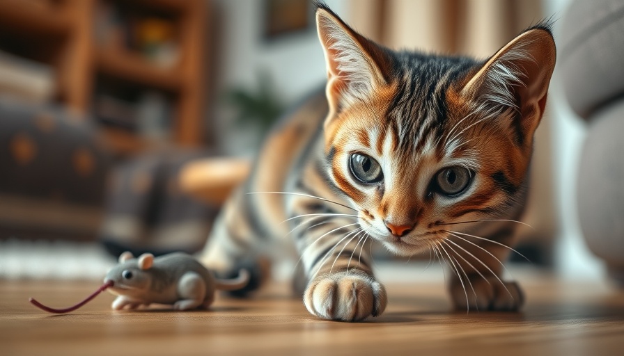 Cat intensely focused on toy mouse at home, illustrating how to make your cat happy at home.