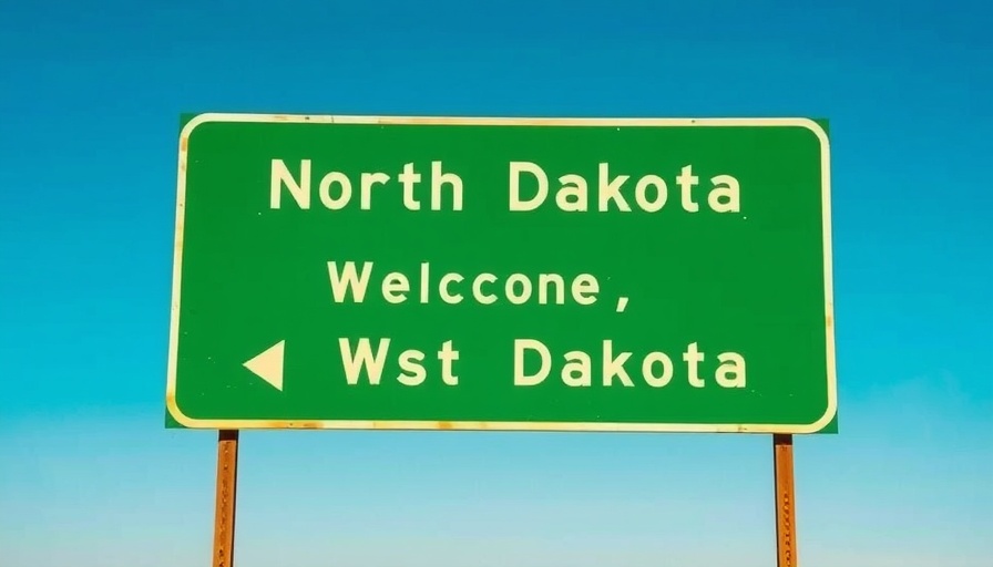 Welcome sign for North Dakota against clear blue sky, representing affordable living.