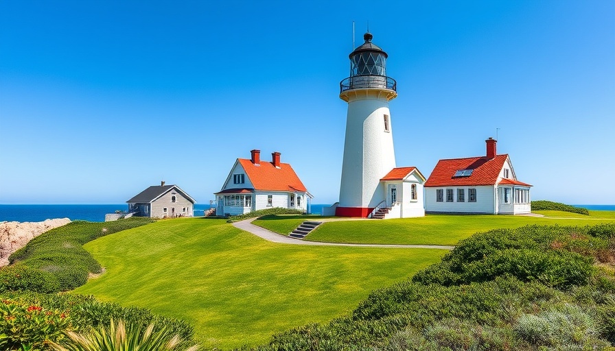Picturesque lighthouse and houses in Rhode Island, vibrant scenery.