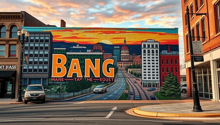 Colorful mural in Bangor, Maine at sunset, affordable living.