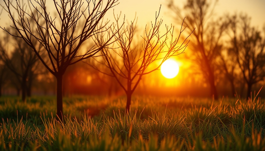 Golden sunset through tree branches in Plano, Texas.