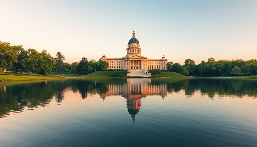 Lakeside view of South Dakota Capitol, reflecting tranquility.