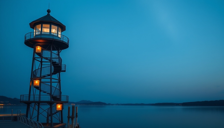 Observation tower by waterfront at twilight, serene reflections.