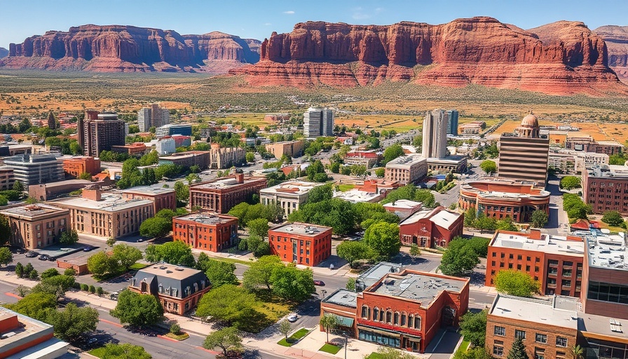 Aerial view of a city in Utah with red rocks and greenery, affordable places to live in Utah.
