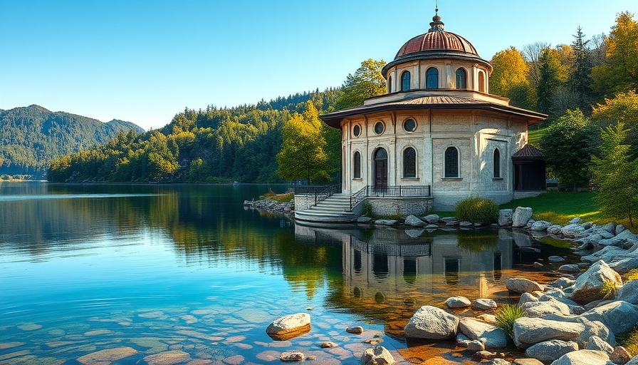 Scenic view of an affordable place to live in South Dakota with a domed building near a lake.