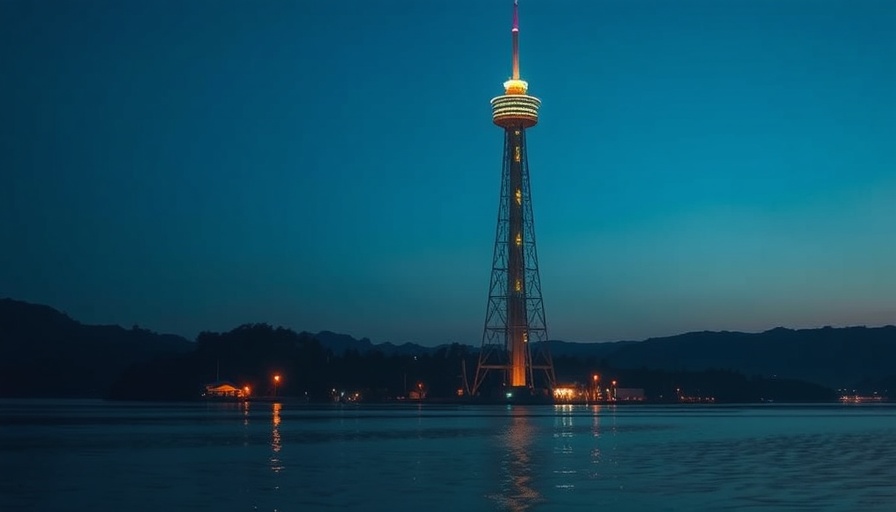 Observation tower at dusk by a serene lake, reflecting lights.