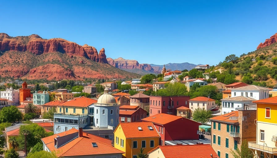 Townscape with red rock hills, affordable places to live in Utah