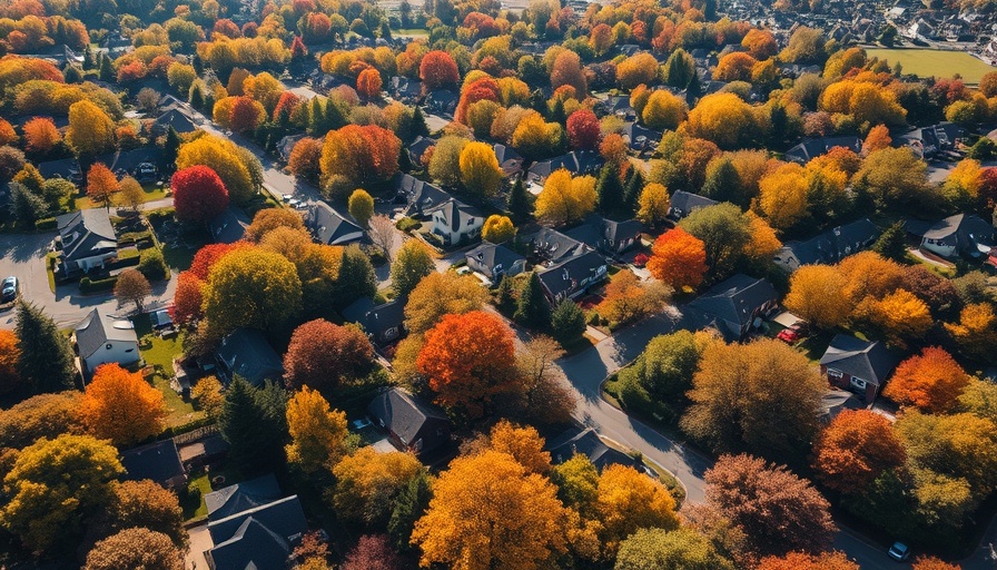 Aerial view of a vibrant Wisconsin neighborhood in autumn, showcasing an affordable place to live.